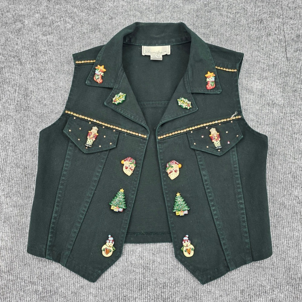 Whimsical Originals Womens Small Green Denim Christmas Vest Nutcracker Tree USA